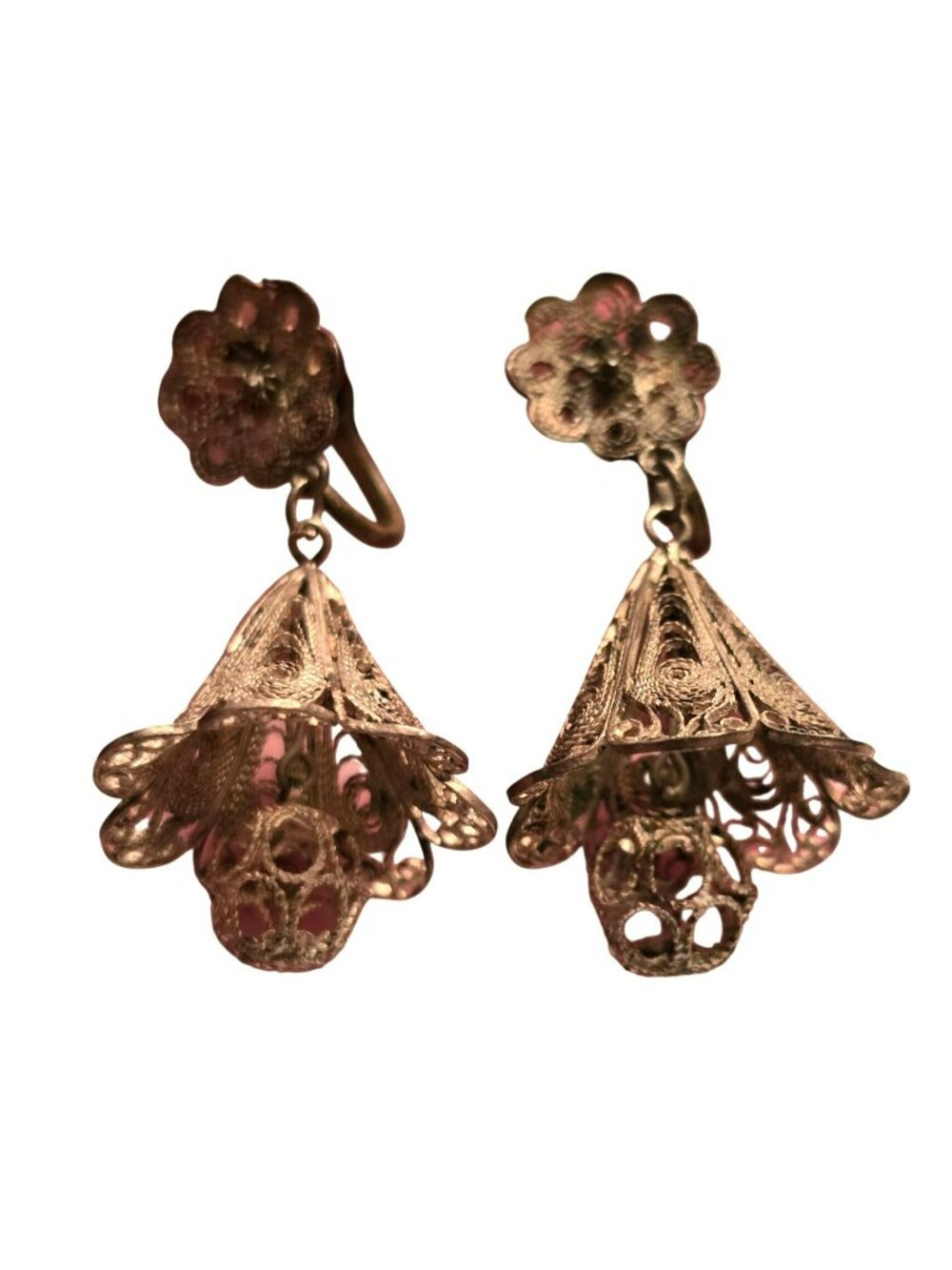 Vintage Ornate Filigree Screw-Back Silver Dangle Earrings Floral JH1867
